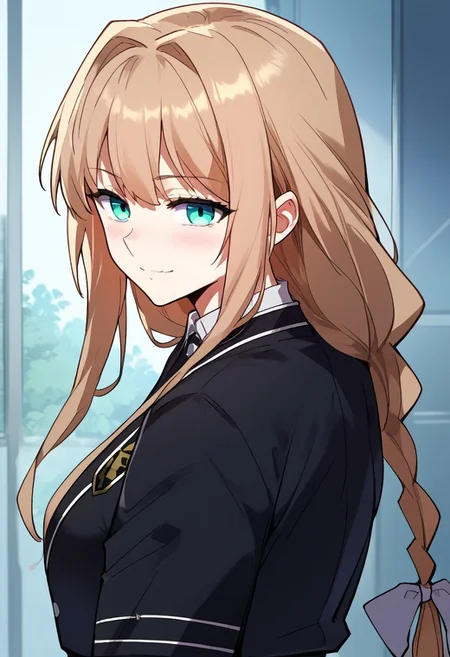 zPDXL3, score_9_up, score_8_up, score_7_up, (Anime_source), 1girl, RinHoshigane, blue eyes, light brown hair, long hair, singe braid, Rin school uniform, looking back, cowboy shot, looking at viewer, smile, little blush, upper body, closed mouth