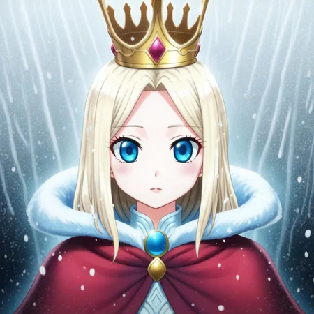 mana_sk style, portrait, focus on face, a dignified ice queen girl with long, flowing platinum blonde hair and frosty blue eyes, wearing a crown shaped like icicles and a high-collared fur cloak, her expression cold and regal, soft snow falling against an icy background, Japanese RPG style, majestic and chilling atmosphere, intricate details on her crown and cloak