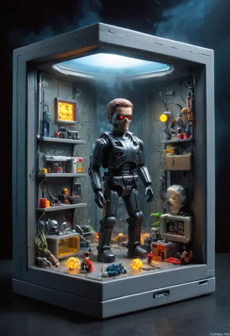 Terminator style, Diorama page, ral-plymbl, amazing quality, masterpiece, best quality, hyper detailed, ultra detailed, UHD, perfect anatomy, portrait, dof, hyper-realism, majestic, awesome, inspiring, Diorama, Create a diorama within a box depicting a scene from Terminator using Playmobil figures. Show the Terminator figurine submerged in glowing molten iron within the box, while John Connor stands nearby screaming. soft shadows, national geographic style