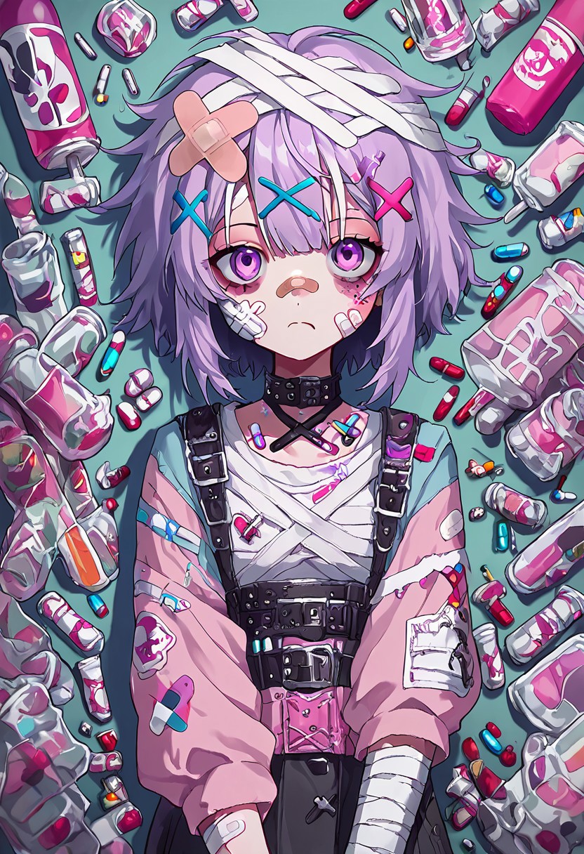 score_10, score_9, source_anime, yamikawaii, solo, bandaid, bandages, x hair ornament, 1girl, pills, syringes