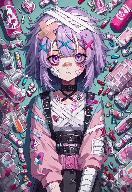 score_10, score_9, source_anime, yamikawaii, solo, bandaid, bandages, x hair ornament, 1girl, pills, syringes