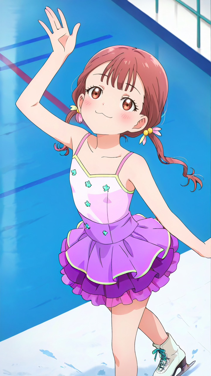 1girl,full_shot,looking_at_viewer,solo,anime screenshot,Kamoto_Suzu,smile,skater skirt,:3,ice skates,skates,arm up,standing,layered skirt,rink,skirt,looking_up,from_above,<lora:Kamoto_Suzu_Illustrious_v3:1>,bare shoulders,purple skirt,, masterpiece, best quality