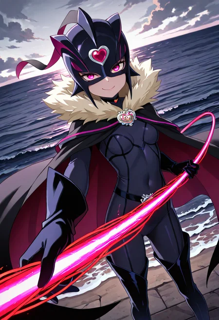 masterpiece, best quality, absurdres, very aesthetic, general,
crmsblack, solo, cape, mask, smile, 1girl, bodysuit, black bodysuit, red eyes, looking at viewer, fur trim, pink eyes, closed mouth, purple eyes,, black cape, smirk, fur-trimmed cape, foreshortening, helmet, dutch angle, black gloves, ocean, thigh boots, elbow gloves, life fiber, pants, evil smile, eyelashes, cloud, thighhighs, gem, spandex, holding weapon, skin tight, horizon, black legwear, black headwear, choker, outdoors, cloak, cloudy sky, black footwear, heart brooch, perspective, fur collar, black theme, corruption, string, dark, standing, knee boots, water, heart jewelry, forehead jewel
<lora:cure_muse_shirabe_ako_illustXL_locon_v1:0.7>