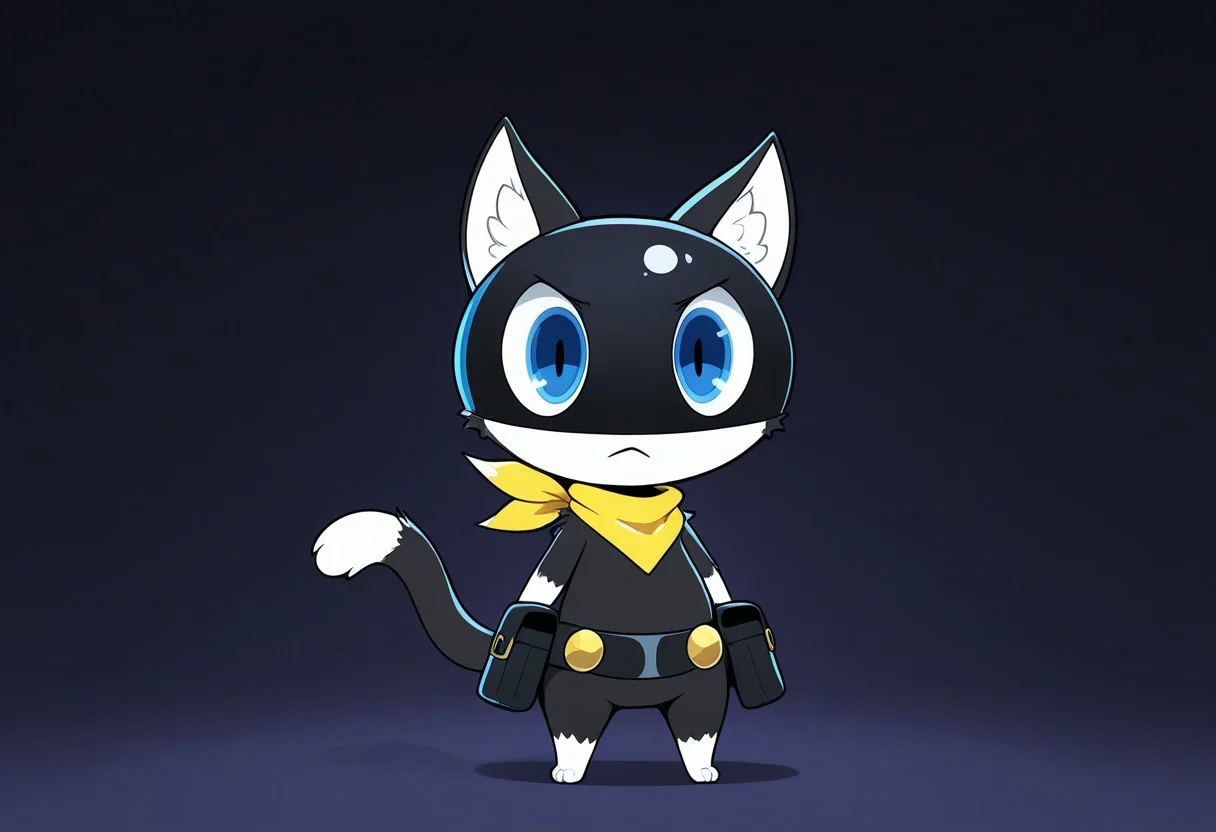 masterpiece, best quality, amazing quality, chromatic abberation, solo, full body, no humans, morgana_\(persona\), cat, furry, chibi, anthro, standing, blue eyes, cat ears, cat tail, two tone fur, black body, white paws, white tipped tail, black mask, white face, white animal ear fluff, yellow bandana, black utility belt, gold belt buttons, black belt bags