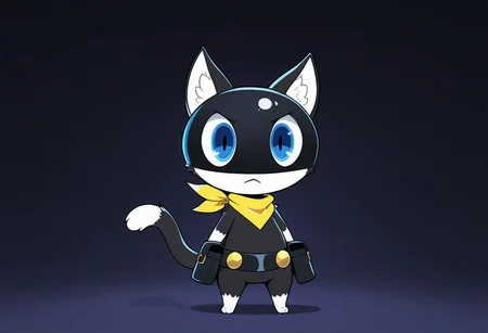masterpiece, best quality, amazing quality, chromatic abberation, solo, full body, no humans, morgana_\(persona\), cat, furry, chibi, anthro, standing, blue eyes, cat ears, cat tail, two tone fur, black body, white paws, white tipped tail, black mask, white face, white animal ear fluff, yellow bandana, black utility belt, gold belt buttons, black belt bags