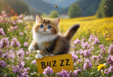 photorealistic close up image
flying kitten with bee wings, flying cat, cat bee hybrid, bumble bee fur, kitten has bumble bee fur, (bee wings), blue eyes, ((Holding a sign that says "Buzz Buzz")), kitten is flying over a flower field with vibrant colors
1cat
highly detailed, aesthetic, great lighting, extremely detailed, award winning, perfect composition, a rich and complex image of nature, a vibrant tissue of hues and textures captured digitally, best quality, realistic, captivating, intricately detailed, hyper detailed, maximalist style, photorealist, sharp focus, dynamic lighting, superb composition, finest details, highest aesthetics, best quality, sharp focus, high contrast, stylized, clear, colorful, ultra quality, 8k, best quality, masterpiece,midjourneyv6.1
AP, no humans, animal focus, cat ,looking at viewer, animal,whiskers
