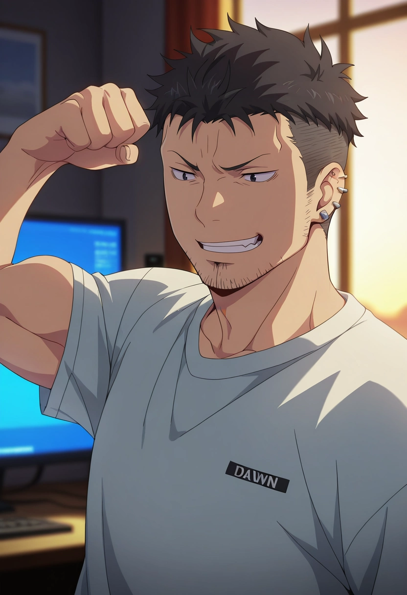 masterpiece, best quality, intricate details, (3d:0.4), , depth of field, 1boy, solo, male focus, <lora:ryuuji_suguro_ilxl:0.94>, ryuuji_suguro, black hair, black eyes, short hair, undercut, facial hair, stubble, ear piercing, upper body, bedroom, computer monitor, dawn, flexing, giggling,