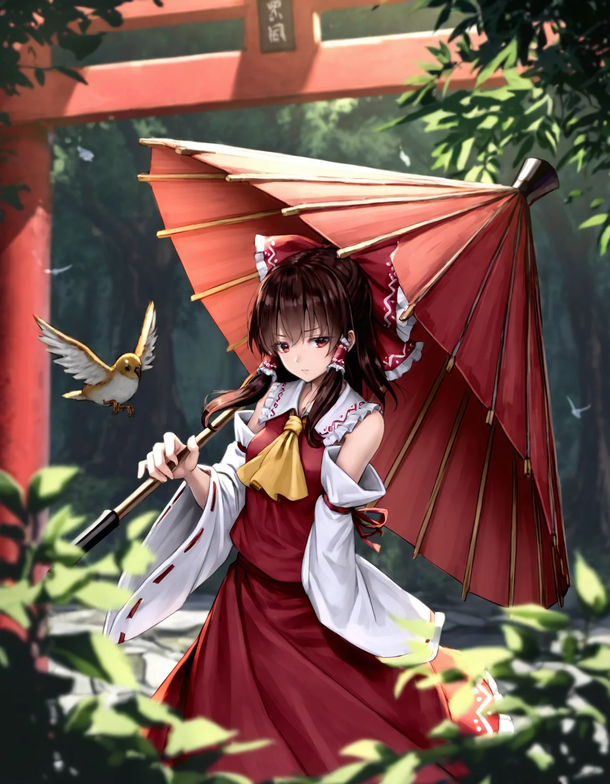 1girl, solo, skirt, brown hair, red eyes, holding, bow, hair bow, outdoors, frills, detached sleeves, wide sleeves, blurry, red bow, ascot, red skirt, bird, umbrella, hair tubes, ribbon trim, nature, long skirt, ribbon-trimmed sleeves, holding umbrella, yellow ascot, oil-paper umbrella, torii, frilled bow, pillar, hakurei reimu, <lora:ryosios:0.8>
