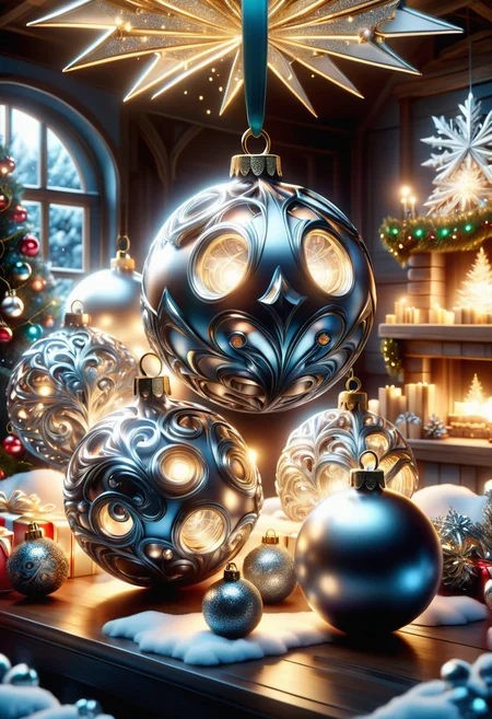 hyper detailed masterpiece, dynamic, awesome quality, DonMSt33lM4g1cXL winter wonderland, christmas eve, ham,baubles, wholesome and heartwarming, pendant lights, family gathered around the christmas tree opening presents, made of steel, shiny <lora:DonMSt33lM4g1cXL-v1.1-000008:1>