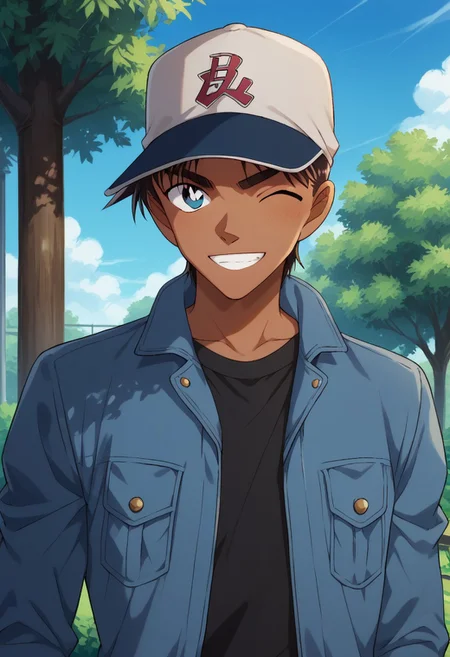 score_9, score_8_up, score_7_up, source_anime, highly detailed,
heijihattori, solo, 1boy, hat, male focus, dark skin, blue eyes, jacket, dark-skinned male, pants, black shirt, upper body, brown hair, standing, shirt, baseball cap, looking at viewer, smile, wink
outdoor, sky, tree