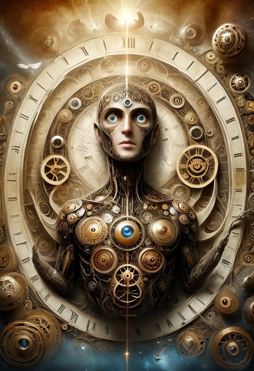 vintage-style poster with a bird's-eye view of an endless spiral made from clock faces, descending into infinity. At the center of the spiral, place a large, detailed head of Doctor Who, looking directly at the viewer. The atmosphere should be nostalgic and mystical, with a sense of adventure. Incorporate vintage typography and distressed textures to give the poster a retro feel. Use a warm color palette with shades of gold, brown, and cream to evoke a sense of aged paper. Add subtle lighting effects to highlight the Doctor's face and the clockwork details. The overall design should evoke a sense of timelessness and wonder