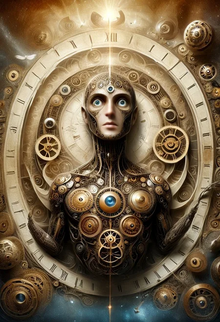 vintage-style poster with a bird's-eye view of an endless spiral made from clock faces, descending into infinity. At the center of the spiral, place a large, detailed head of Doctor Who, looking directly at the viewer. The atmosphere should be nostalgic and mystical, with a sense of adventure. Incorporate vintage typography and distressed textures to give the poster a retro feel. Use a warm color palette with shades of gold, brown, and cream to evoke a sense of aged paper. Add subtle lighting effects to highlight the Doctor's face and the clockwork details. The overall design should evoke a sense of timelessness and wonder