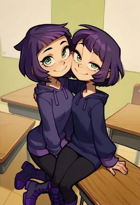 score_9, score_8_up, score_7_up, score_6_up, score_5_up, score_4_up, 2 girls in image, sitting on desks, smiling, looking at viewer, arms around each other, friends, 
BREAK, 
1 girl, square head, green eyes, squinch, round eyes, long hair, dark blue hair, dark blue dress sweater, black leggings, small black boots, 
BREAK
1 girl, short hair, purple hair, long eyelashes, purple hoodie, purple skirt, purple shoes, , hood up