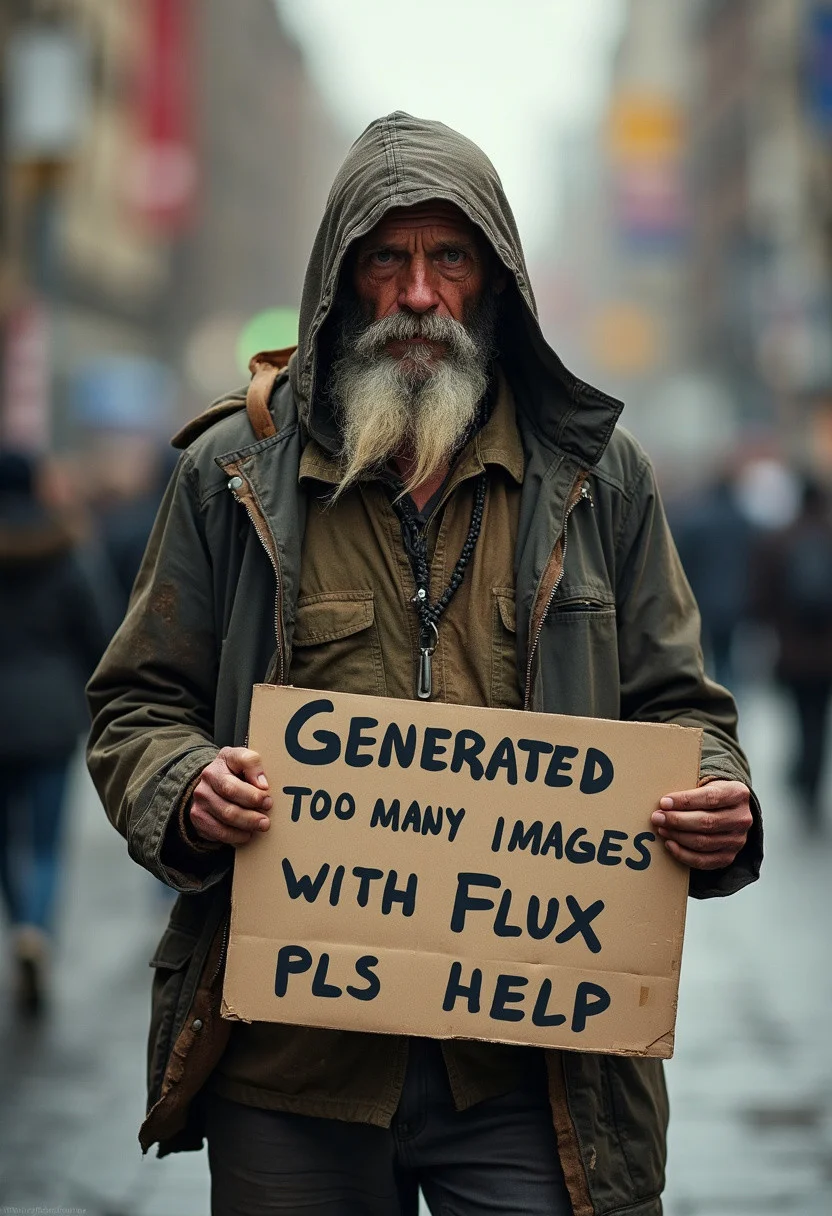 realistic image of a depressed homeless man in the street, dirty, ragged clothing, holding up a cardboard sign that says "Generated too many images with Flux, pls help"