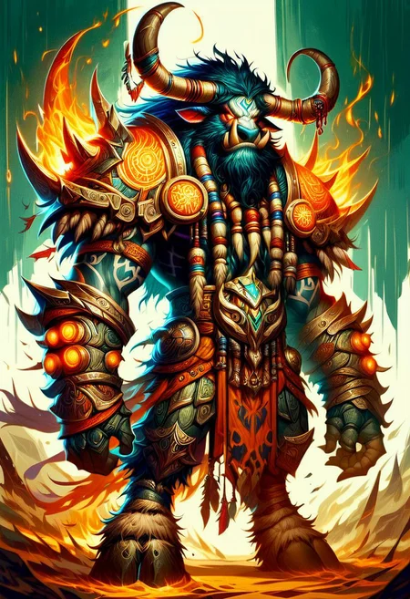 score_9, score_8_up, score_7_up, a tauren shaman male, metal armor, Flashfire glowing runes blue and green,