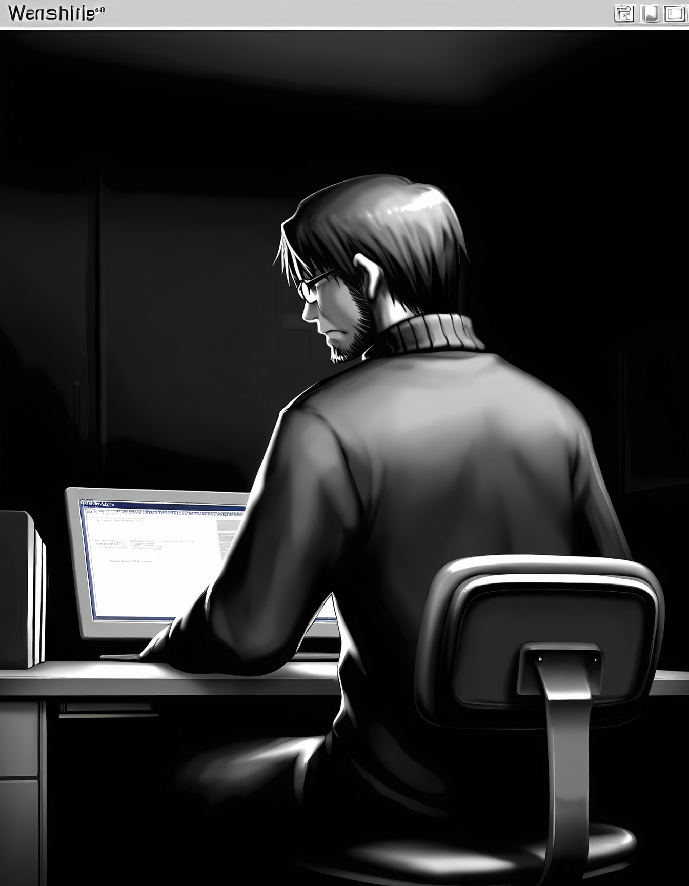 1boy, solo, male focus, 
toshiaki, glasses, facial hair, beard, 
glasses,  frown, 
turtleneck, 
sitting, desktop \(computing\), desk, chair, 
indoors, dark room, from behind, back
monochrome, greyscale,
masterpiece,best quality,amazing quality,very aesthetic,absurdres,newest,
<lora:StS-Illustrious-Detail-Slider-v1.0:1.5>, <lora:99coins_toshiaki_05:1>