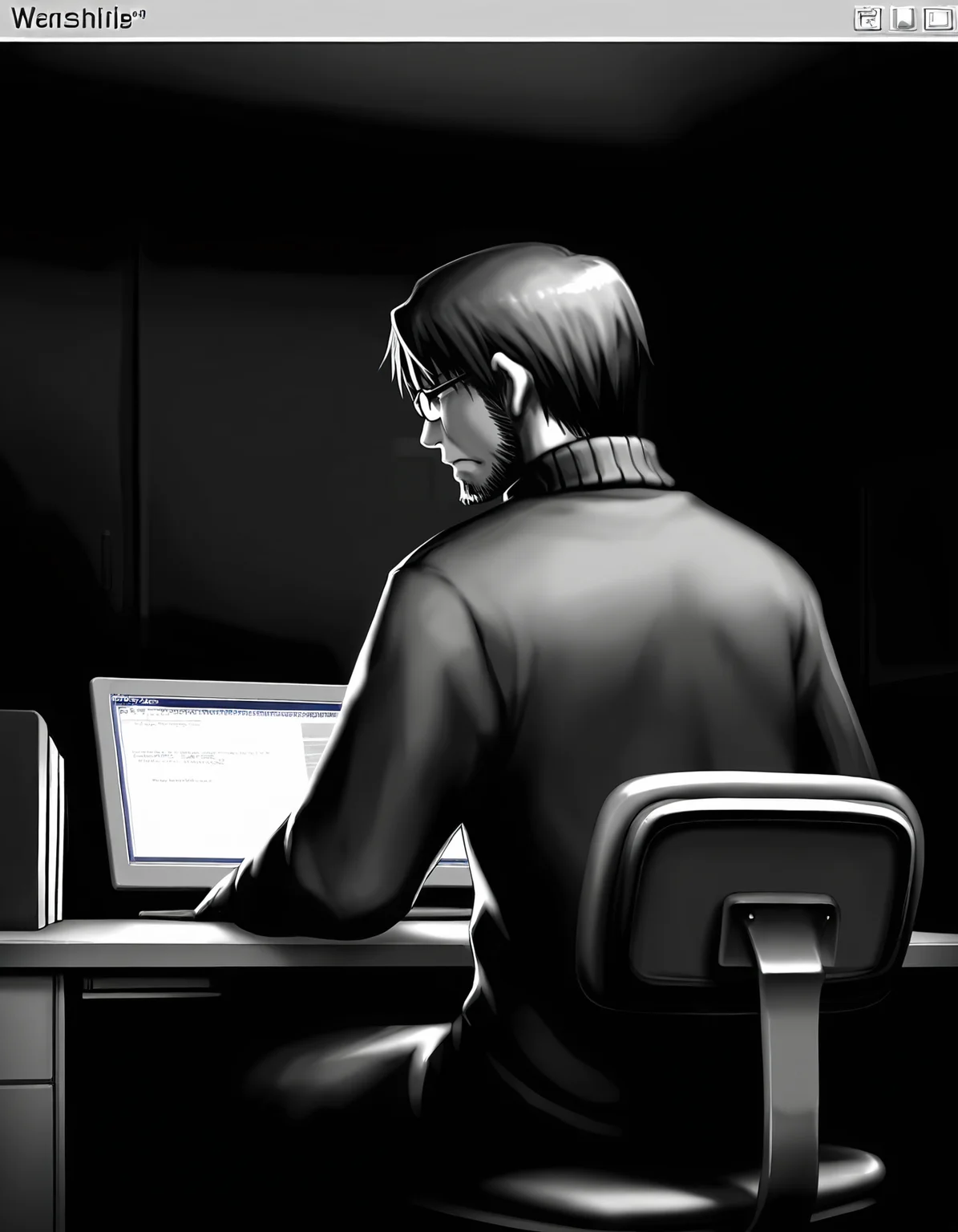 1boy, solo, male focus,
toshiaki, glasses, facial hair, beard,
glasses, frown,
turtleneck,
sitting, desktop \(computing\), desk, chair,
indoors, dark room, from behind, back
monochrome, greyscale,
masterpiece,best quality,amazing quality,very aesthetic,absurdres,newest,
<lora:StS-Illustrious-Detail-Slider-v1.0:1.5>, <lora:99coins_toshiaki_05:1>