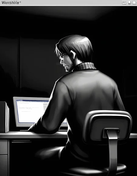 1boy, solo, male focus, 
toshiaki, glasses, facial hair, beard, 
glasses,  frown, 
turtleneck, 
sitting, desktop \(computing\), desk, chair, 
indoors, dark room, from behind, back
monochrome, greyscale,
masterpiece,best quality,amazing quality,very aesthetic,absurdres,newest,
<lora:StS-Illustrious-Detail-Slider-v1.0:1.5>, <lora:99coins_toshiaki_05:1>