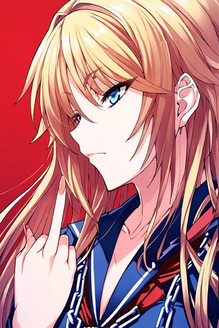 score_9, score_8_up, score_7_up, score_6_up, score_5_up, score_4_up, profile picture,
1girl, solo, Tsujidou Ai, long hair, blonde hair, blue eyes, chains, serafuku, simple background, red background, gradient background, hand on own hip, middle finger, (light frown:0.8), (glowing eyes:0.9), <lora:Tsujidou_Ai2.0:1>