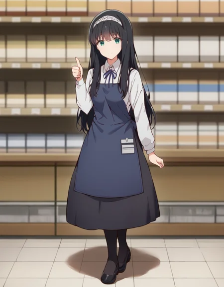 score_9, score_8_up, score_7_up, source_anime,
1girl, solo, looking at viewer, blurry background, book shop, full body, light smile, thumbs up,
<lora:shiori_yomiuri_anime_v3-soralz:1>,
shiori yomiuri, black hair, long hair, sidelocks, white hairband, green eyes,, work uniform, blue apron, blue neck ribbon, white collared shirt, (black skirt:0.7), black pantyhose, black footwear