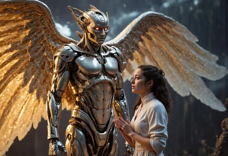 score_9, score_8_up, score_8, 
A stunning hyper realistic scene unfolds, highlighting the contrast between a celestial angel and a beautiful young woman. 2girls 
(The angel is a breathtaking fusion of divine elegance and advanced technology, part human and part machine.) Its serene, humanoid face glows softly, with luminous eyes framed by intricate golden circuitry that pulses with an otherworldly light. Sleek, mechanical wings spread wide, blending gleaming metallic feathers with radiant, translucent energy. Its body is a flawless harmony of organic curves and robotic precision, emanating a divine aura that feels both protective and commanding.
((The young woman stands nearby, her natural beauty and humanity providing a stark yet harmonious contrast)). Her soft, expressive face is lit with awe as she gazes at the angel, her wide eyes reflecting its radiant glow. Her hands are clasped to her chest, and her hair flows gently. She appears delicate yet grounded, a symbol of human vulnerability and wonder.
The interaction between them is charged with emotion, the angel embodying a fusion of divinity and technology, while the woman represents pure human innocence and reverence. Together, they create a poignant moment of connection, bridging the mortal and the transcendent
concept art, realistic, Fantastical realism, digital painting, realistic, detailed, fine detail, photorealistic, realistic, hyper-detailed,  professional photoshoot, Robotic