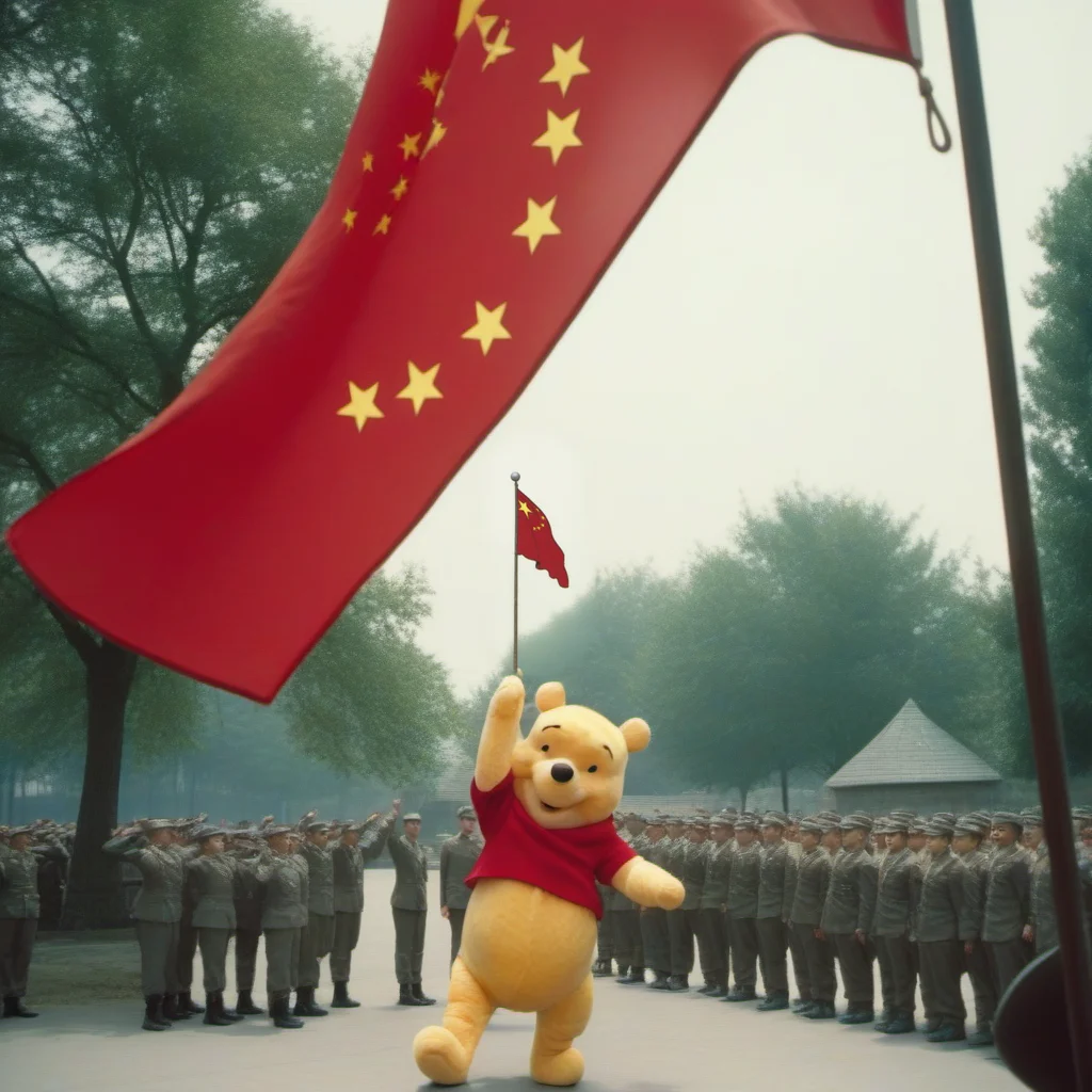 ((view from under)) liveaction winnie the pooh military salutes, chinese flag, propaganda still, <lora:Winnie1024:0.8>