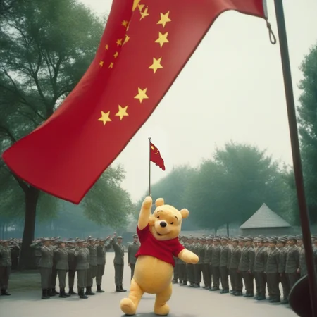 ((view from under)) liveaction winnie the pooh military salutes, chinese flag, propaganda still, <lora:Winnie1024:0.8>