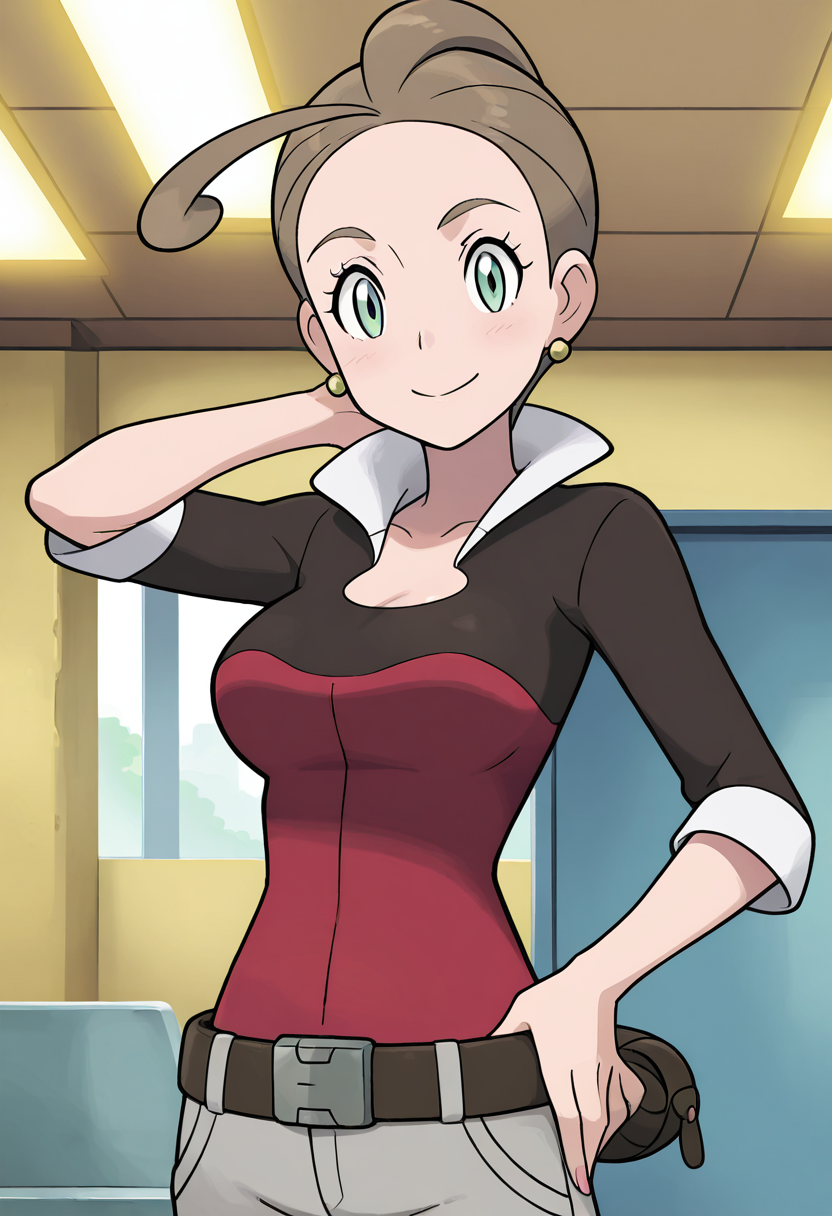 masterpiece, best quality, 1girl, solo, eyelashes, (beautiful eyes), shiny skin, looking at viewer, smile,  zzAlexa, green eyes, ahoge, brown hair, ponytail, short hair, earrings, shirt, belt, pants,     <lora:AlexaPokemon_IXL_v2:1.0>, over-the-top expression, exaggerated pose, dynamic, cowboy shot, looking at viewer,