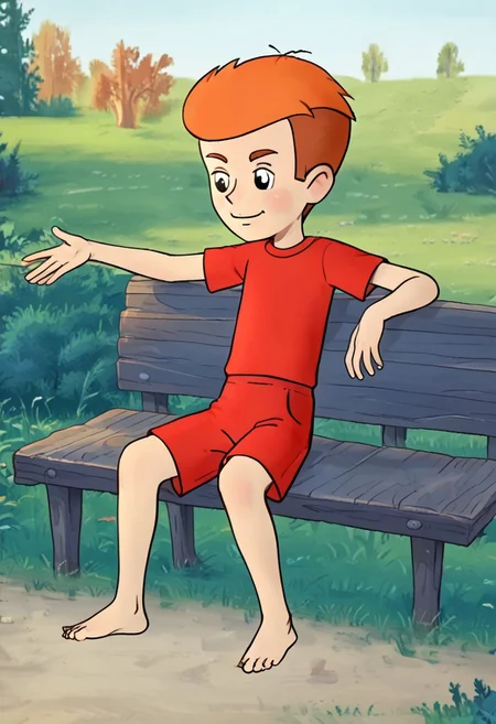 score_7, score_8, score_9, solo male, well detailed, 2d, flat colours, vector, line art, cartoon, 1boy, shorty boy, well drawn, detailed , prostokvashino, fyodor, boy with short orange hair, skinny shorty boy, posing against viewer, red shorts, barefoot, forest background, resting pose on wooden bench , black eyes,