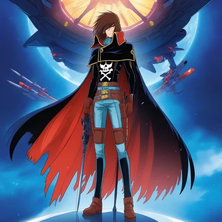 anime artwork a full body man, solo, cape, brown hair, scar, black gloves,sword, in a spaceship<lora:Albator1024_r1:0.8> . anime style, key visual, vibrant, studio anime, highly detailed