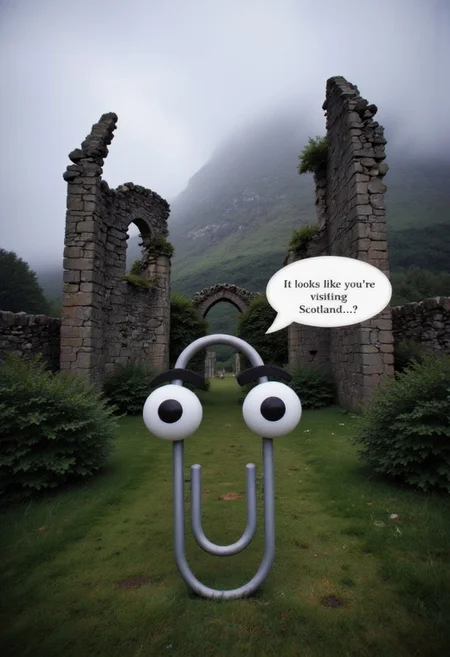 A misty evening surrounds the crumbling walls of an ancient Highland castle, where clippy with big eyes stands up close, with speech bubble "it looks like you're visiting Scotland...". Clippy seems to belong to the ruins, a guardian of a forgotten time, and its presence fills the air with a sense of reverence and mystery, low angle, foliage obscuring lens