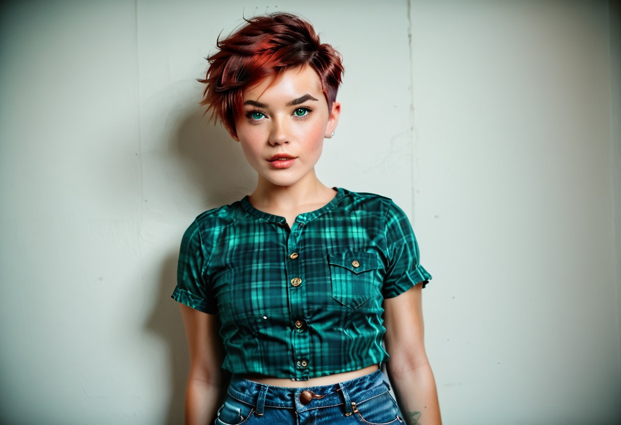 score_9, score_8_up, score_8, score_7_up, score_7, score_6_up, rating_explicit, centered in frame, close-up focus on face, (AshleeIrreal), intricate detailed eyes, realistic green pupils, green pupils, (small waist:1.3), (wide hips:1.5), thick thighs, (short red hair, pixie cut hair), detailed realistic skin, detailed face, (wearing green plaid button up shirt), High Waisted Tight Jeans, ((woman wearing tight high waisted denim jeans)), flat chest, cameltoe, solo, (Model Pose), masterpiece, DSLR, cel shading, dynamic shadows, hyperrealism, realistic, hyper detailed, cohesive