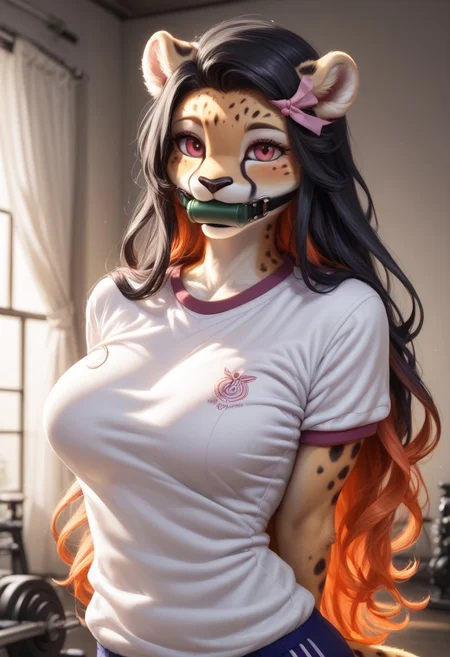 score_9, score_8_up, score_7_up, source_furry, beautiful female cheetah furry ,1 girl(cheetah)middle breasts,detailed face,kind look, multicolored hair, black hair, gradient hair, shirt, gym uniform, white shirt, gagged, bamboo, very long hair, short sleeves,castle room background(night,dark),Furry antro cheetah dressed like  Nezuko, solo