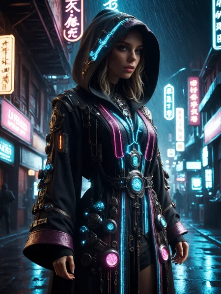 cinematic photo with dramatic lighting, woman, mad-hrmtcwzrd, hooded_robe, intricatly ornated, magic runes, magical items, elegant cyberpunk street, neon signs, rain, <lora:Neon_Cyberpunk_SDXL_Hermetic_Wizard:0.8>, masterpiece, best quality, ultra high res, (photorealistic, realistic:1.2), deep shadow, raw photo, film grain, Fujifilm XT3, 8k uhd, dslr