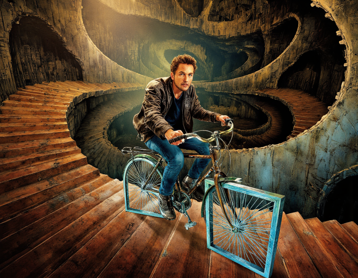  <lora:{surreal, }Surreal:0.85> surreal, A vibrant, surreal illustration depicting a man with a rugged, weathered complexion, short, spiky brown hair, and a determined glint in his bright green eyes, riding a bicycle with (square wheels:1.5) up a steep, winding staircase. The man's skin has a warm, golden undertone, with a scattering of stubble on his chin and a small, scar above his left eyebrow. He wears a faded, black leather jacket with silver studs, and scuffed, knee-length jeans, with a pair of sturdy, black boots that are firmly planted on the bicycle's pedals. His expression is one of fierce concentration, with a hint of exhilaration, as he navigates the impossible terrain. The square wheels of the bicycle are a deep, burnished blue, with a subtle, grid-like texture, and they seem to be defying gravity as they rotate smoothly up the stairs. The staircase itself is a dizzying, M.C. Escher-like construct, with multiple landings, twisting banisters, and stairways that seem to loop back on themselves. The lighting is dreamlike, with soft, feathery shadows and a warm, golden glow that seems to emanate from the very walls themselves. The atmosphere is one of weightless, surreal wonder, as if the laws of physics have been gently bent to accommodate the man's impossible journey. The illustration is rendered in a highly detailed, hyper-realistic style, with bold lines, vivid textures, and a deep, rich color palette. The shot is a wide-angle, bird's-eye view, looking down on the man and the staircase from a dizzying height, with a shallow depth of field that blurs the background and emphasizes the surreal, dreamlike quality of the scene. The overall mood is one of fantastical, mind-bending curiosity, as if the viewer has stumbled into a strange, parallel world where the ordinary rules of reality no longer apply. . 35mm photograph, film, bokeh, professional, 4k, highly detailed