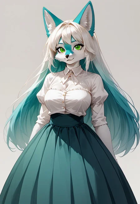 A turquoise colored furry fox with white flowing hair, green eyes and small breasts dressed in a blouse and skirt. Transforms into a mega MILF with gigantic breasts, a lustful bitch