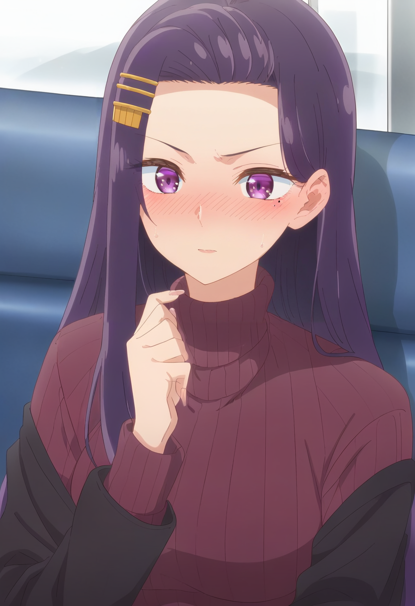 <lora:Sayuri Akino:1>sayuri akino, purple_hair, long_hair, purple_eyes, hair_ornament, blush , hairclip, 1girl, solo, mole_under_eye, purple_sweater, turtleneck, ribbed_sweater, score_9, score_8_up, score_7_up, , anime coloring ,BREAK source_anime, anime
