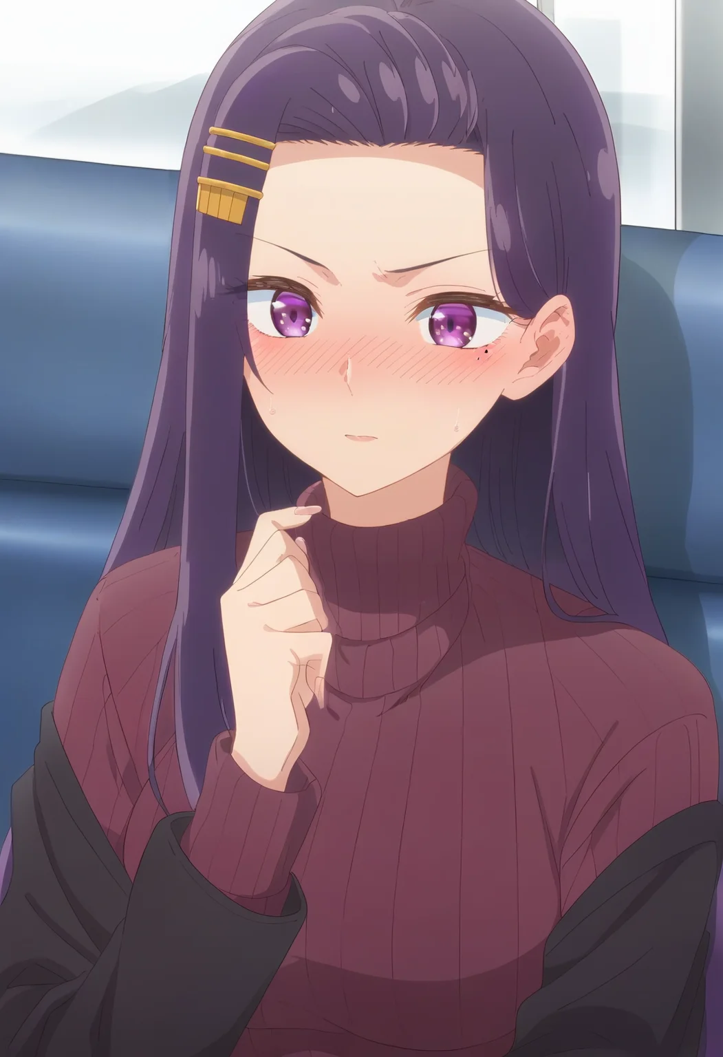 <lora:Sayuri Akino:1>sayuri akino, purple_hair, long_hair, purple_eyes, hair_ornament, blush , hairclip, 1girl, solo, mole_under_eye, purple_sweater, turtleneck, ribbed_sweater, score_9, score_8_up, score_7_up, , anime coloring ,BREAK source_anime, anime