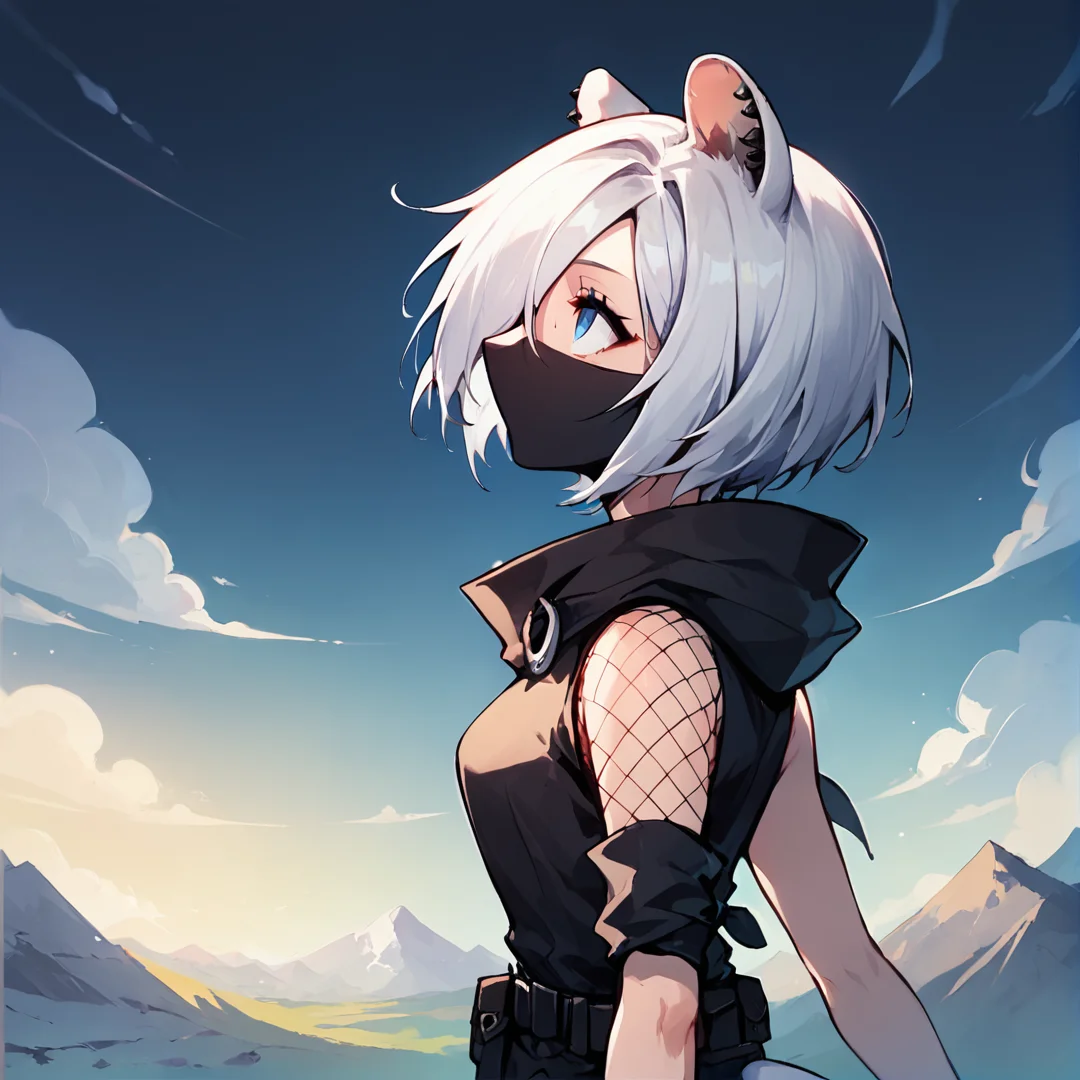 anime artwork Masterpiece, high quality, score_9, score_8_up, score_7_up, 1girl, mountain, from side, looking up, pensive, profile, will-o'-the-wisp \(mythology\), akshirayuki, weasel ears, white tail, blue eyes, white hair, hair over one eye, ear piercing, shirayubase, fishnet shoulders, black mask, no mouth, wide collar, hood down, black shirt, black gloves, fingerless gloves, sleeveless, single arm warmer, black pants, rolled up pants, belt accessory, belt pouch <lora:Shirayuki v5-000011:0.75> . anime style, key visual, vibrant, studio anime, highly detailed