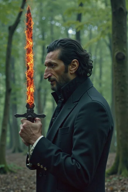 A sony_a7III professional style HD photo of Fares Fares, a man in a black suit white vest. His hands are rised hands grabbing holding a small metal long-dagger sword through the woods, surrounded by trees, far away shot, medium shot, profile picture, slicked back hair, medium-length hair, greenish tone, devilish face. Cinematic fantasy setting. Dark woods, scary.
ð¯
<lora:flux\my\Fares\Fares Fares Flux v1.safetensors:1.2:1.2>
<lora:flux\sports_photography_flux_000013300.safetensors:0.15:0.15>
<lora:flux\Sony_a7_III.safetensors:0.7000000000000001:0.7000000000000001>
<lora:flux\Anti-BlurFLUX.safetensors:0.2:0.2>
ð[LoRas Used]:  Fares Fares Flux v1 sports_photography_flux_000013300 Sony_a7_III Anti-BlurFLUX
ðï¸ [Inpainted with Loras]: flux1-depth-dev-lora
ð¯<lora:flux\loratools\flux1-depth-dev-lora.safetensors:0.75:0.75>