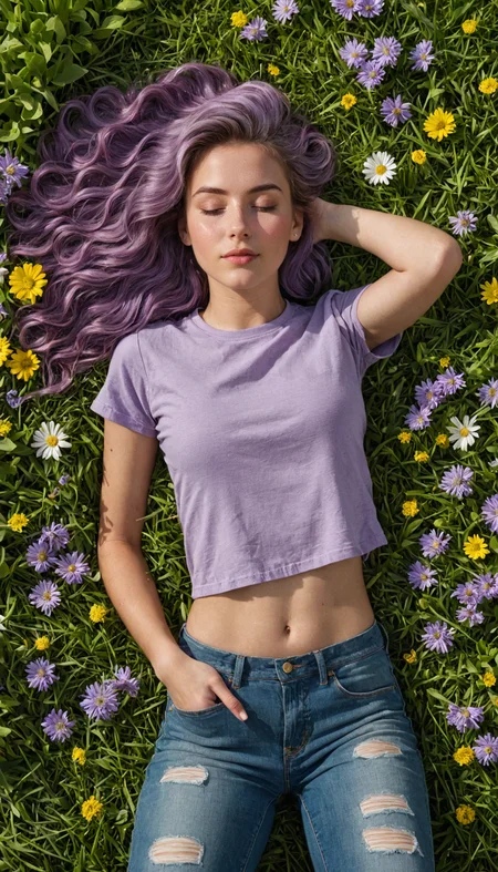 beautiful artwork of a girl with wavy purple hair, wearing a lavender t-shirt and blue jeans, lying on a lush green lawn with scattered flowers, one eye closed, closed mouth, serene expression, illuminated by soft morning light, very detailed, 8k, high quality, artstation