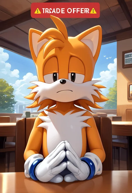 score_9, score_8_up, score_7_up, source_anime,  BREAK
masterpiece, best quality, ((shorter male)), 1boy, solo, Classic_Tails, 1boy, gloves, animal ears, tail, shoes, white gloves, black eyes, fox ears, fox tail, sitting behind table, elbows on table, furry, furry male, body fur, animal nose, two tails, fox boy, tails (sonic), short, solo, own hands together, upper body, TradeOfferMeme, wfpdw, restaurant, sitting, on chair, at table, waiting, annoyed, (masterpiece, best quality:1) , looking at viewer, frown