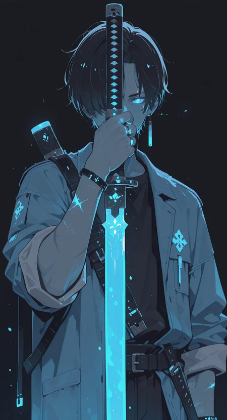 masterpiece, best quality, good quality, newest, highres, absurdres, solo, looking at viewer, short hair, blue eyes, simple background, shirt, black hair, long sleeves, 1boy, holding, jewelry, jacket, upper body, male focus, weapon, hand up, sword, holding weapon, bracelet, glowing, holding sword, ring, black background, katana, glowing eyes, sleeves rolled up, spot color, one eye covered, blue theme, covered mouth, glowing eye, scar on arm, Ethereal Brushstroke,
Flat vector illustration,
h4ra_illu <lora:illustriousXL_stabilizer_v1.23:0.3> <lora:NOOB_vp1_detailer_by_volnovik_v1:0.3> <lora:ponyv6_noobE11_2_adamW-000017:0.45> <lora:Illustrious:0.15> <lora:checkpoint-e18_s306:1.5> <lora:hara_id_21:0.8> <lora:-_iLL_-_the_edgy_mech_V2.0-:0.5>