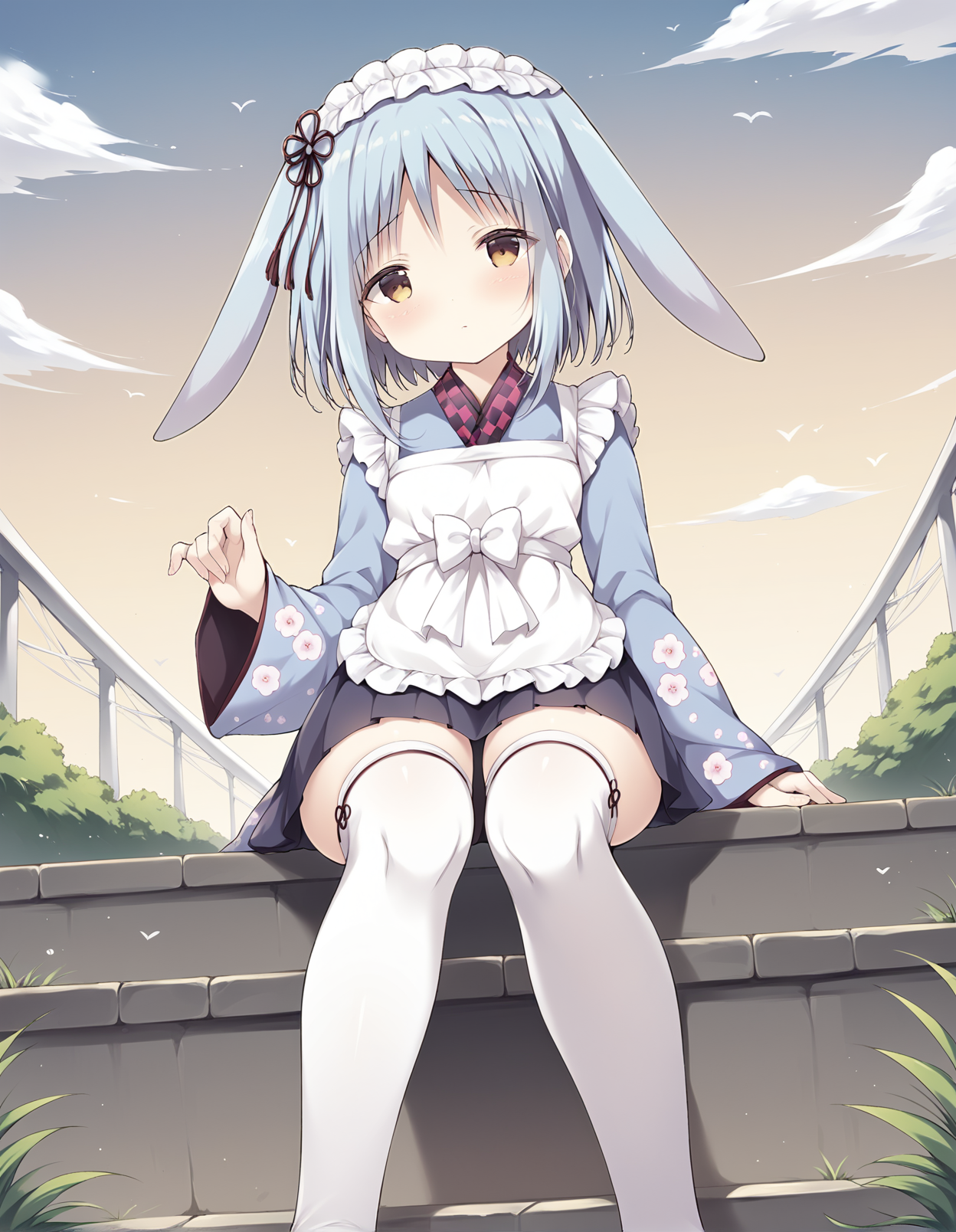 score_9, score_8_up, score_7_up, score_6_up, score_5_up, score_4_up, source_anime, rating_explicit, BREAK <lora:kaguyaMomoseXL_LoRA-C3Lier_AdamW_Dim32_Alpha32_UN-3e-4_TE-1.5e-4_6batch_ponyDiffusionV6XL_v6StartWithThisOne:1>, kaguya momose, 1girl, yellow eyes, blue hair, small breasts, frilled hairband, hair ribbon, rabbit ears, white apron, white bow, frills, floral print, pinching sleeves, wa maid, blue kimono, print kimono, pleated skirt, thighhighs, sad, shaded face, shadow, looking at viewer, facing viewer, from below, sitting, stairs, orange sky, gradient sky, sunset, grass, cloud, river, bridge, cityscape