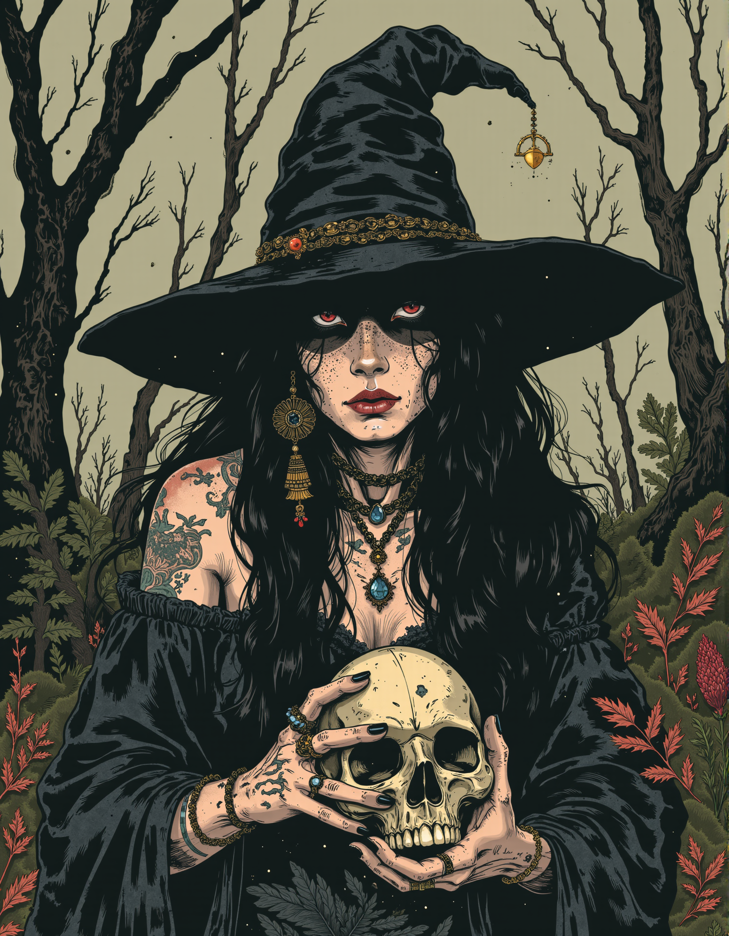 A graphic illustration that is a portrait of an angry witch in the forest. She has a witch hat, long hair, jewelry, and tattoos on her arms and hands. She is holding a skull, her dainty fingers grasp the skull carefully, showing her black nails. <lora:Witchcore:0.8> w1tchc0re