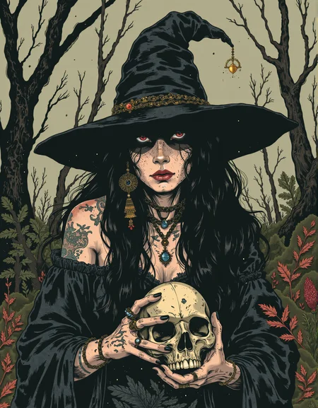 A graphic illustration that is a portrait of an angry witch in the forest. She has a witch hat, long hair, jewelry, and tattoos on her arms and hands. She is holding a skull, her dainty fingers grasp the skull carefully, showing her black nails. <lora:Witchcore:0.8> w1tchc0re