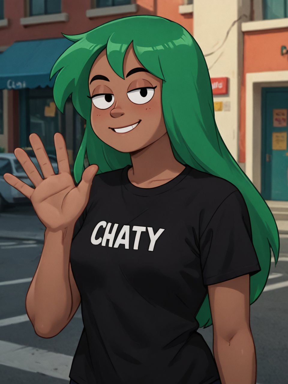 score_9, score_8_up, score_7_up,  score_6_up, BREAK, P0nchingJ0dy, 1girl, solo, long hair, green hair, dark-skinned female, black shirt, smile, upper body, raise left hand, waving, looking at viewer,  <lora:Punching Judy-000009:1>