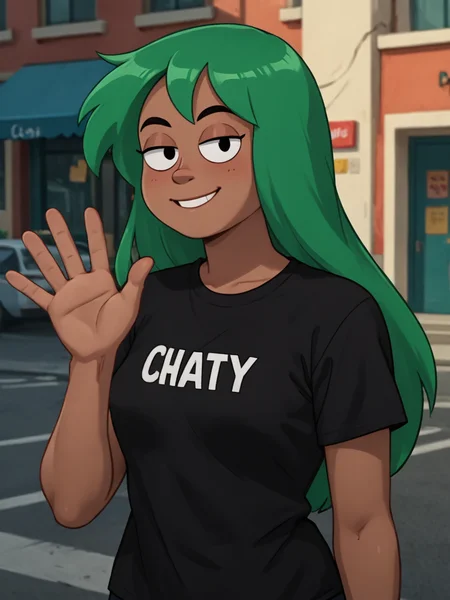 score_9, score_8_up, score_7_up, score_6_up, BREAK, P0nchingJ0dy, 1girl, solo, long hair, green hair, dark-skinned female, black shirt, smile, upper body, raise left hand, waving, looking at viewer, <lora:Punching Judy-000009:1>