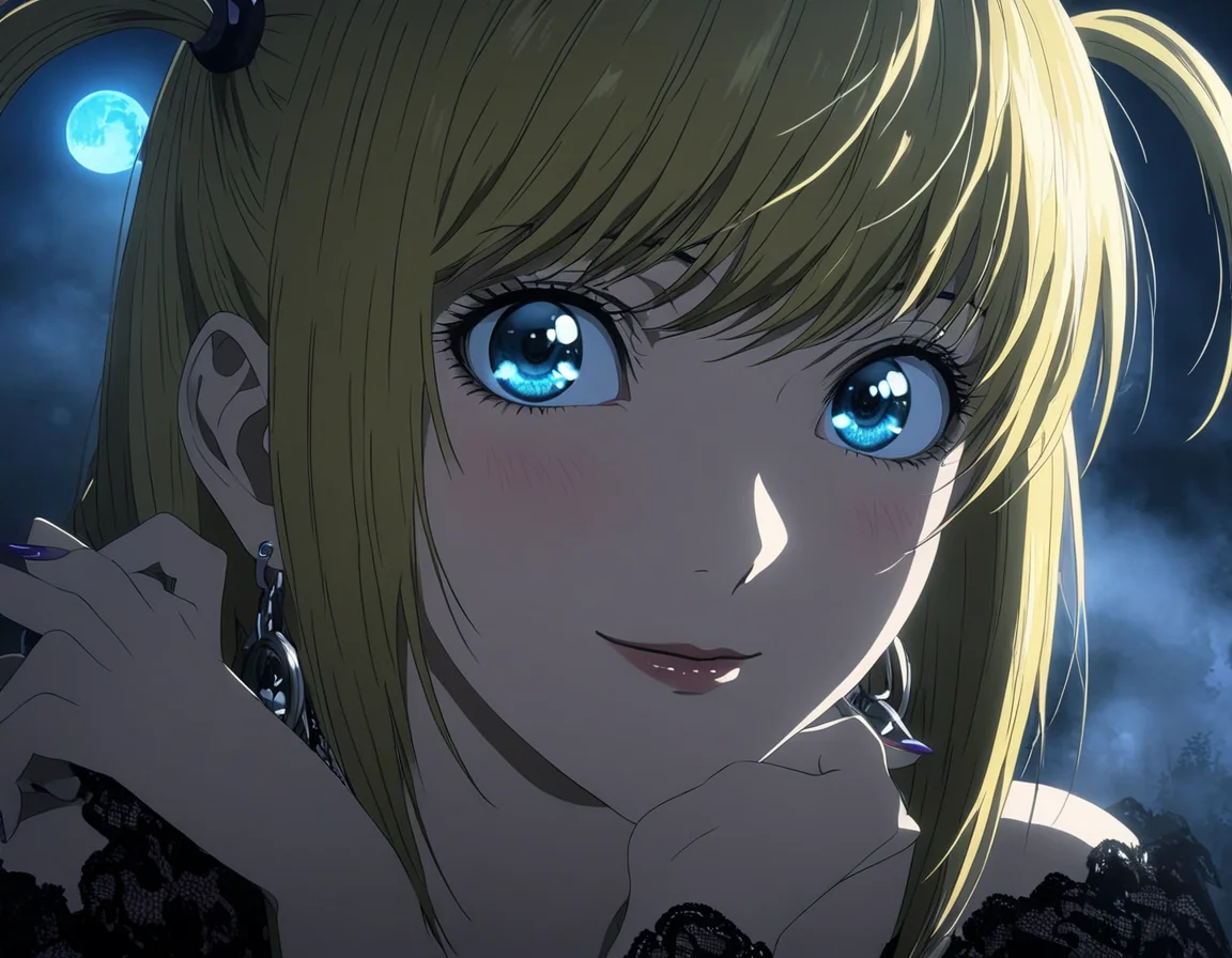 1girl, portrait of Misa Amane, death note, Modern Anime, adult female, From Death Note anime, best quality, 8K, DSLR quality, Bloom Lighting, Good Face, Beautiful Face, Slim, highly detailed, glow, extreme details, fog, smoke, blond hair, happy, smile, perfect eyes, <lora:perfect-eyes:1>, perfecteyes, eyes reflection, detailed eyes, upper body, hdr quality, full of color, smoke, cinematic, night, moon light, 2010s, windy, hair swaying in wind, purple nail polish, nigh time, blue eyes, grainy, chromatic aberration, dark blue atmosphere, black night, adult woman, Depth of field effect, uwu, cute, blush, perfecteyes, eyes reflection, detailed eyes, upper body, shy smile, hdr quality, hands doing cute pose, full of color, smoke, cinematic, <lora:misa_amane-step00000862:1>