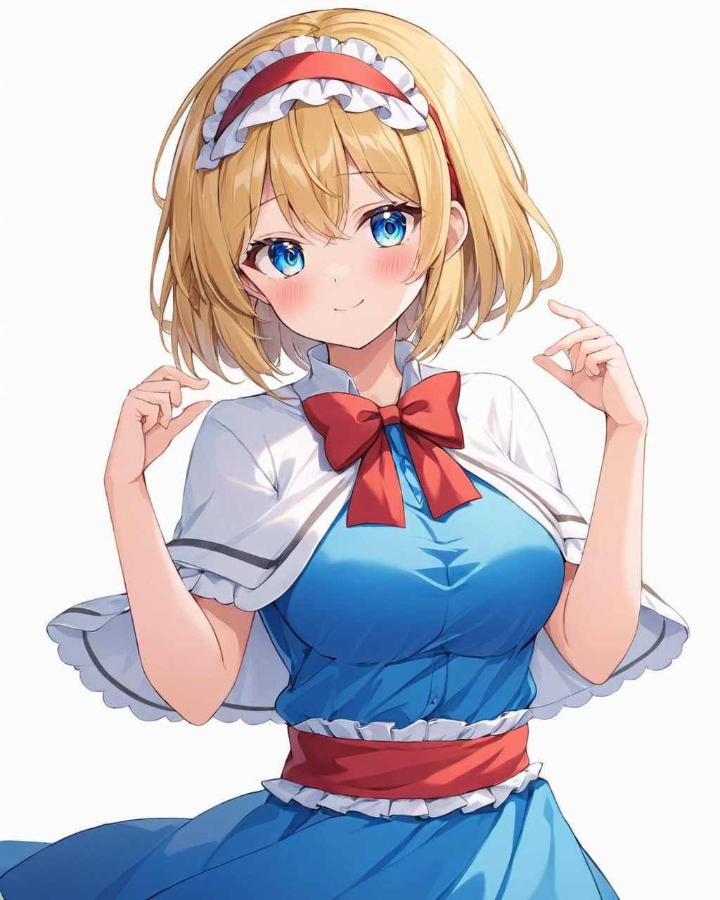 alice margatroid,1girl, solo, white_background, white_capelet, blue_dress, long_sleeves, smile, simple_background, red_hairband, lolita_hairband, facing_viewer, closed_mouth, breasts, blush, red_bowtie, sash, white_shirt, cowboy_shot, frilled_hairband, hand_up, ^_^
<lora:alice_margatroid_image3379_2023-12-11-000006:1>,star-shaped_pupils,symbol-shaped_pupils,. gorgeous,key visual, vibrant, studio anime,award-winning, professional, highly detailed,high budget, cinemascope